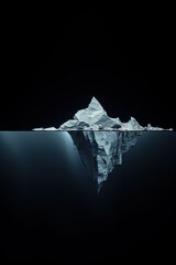 Iceberg isolated on black background,  Hidden Danger And Global Warming Concept, nature magazine illustration. Above and below water. Water line. Copy space.