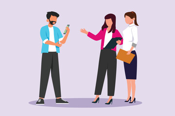 Happy woman at work areas in corporate agency. Teamwork concept. Colored flat vector illustration isolated.