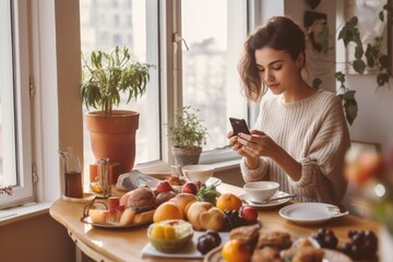 Portrait of influencer at home with his cell phone at breakfast time at dawn