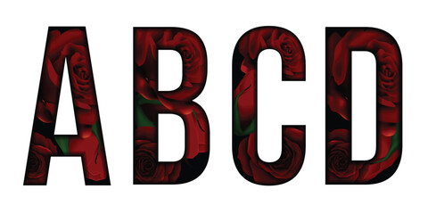 Red roses flower font Alphabet a, b, c, d, text effect. Made of Real rose with Precious paper cut shape of letter. Collection of brilliant roses font for unique decoration in spring concept idea