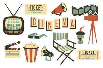 Set of old vintage cinema equipment with various cinematic elements. Doodle handdrawn cinematographic objects in retro style. Cinematography industry, video production, movie. Vector flat illustration