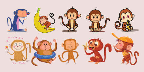 Set of funny monkey cartoon character wildlife animal collection vector illustration design.