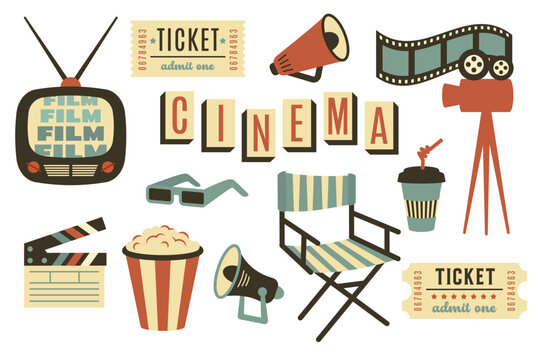 Set of old vintage cinema equipment with various cinematic elements. Doodle handdrawn cinematographic objects in retro style. Cinematography industry, video production, movie. Vector flat illustration - Powered by Adobe