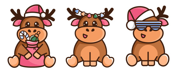 Set of Christmas reindeer icons. Cute deers in santa hat with presents, Christmas decorations, fashion glasses, New Year lights. Set of New Year cartoon Christmas elements for winter holiday. Vector