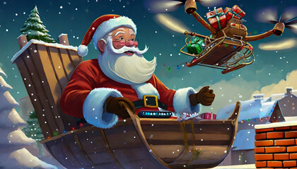 Santa Claus on Rooftop Using Drone to Deliver Gifts Down the Chimney
