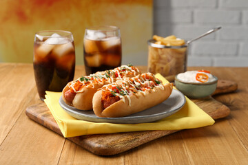 Delicious hot dogs with bacon, carrot and parsley served on wooden table - obrazy, fototapety, plakaty
