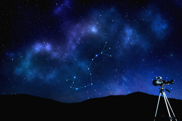 Scorpius (Scorpion) constellation in starry sky over mountain at night. Stargazing with telescope