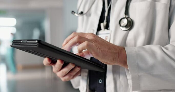 Doctor, hands and tablet for hospital data, results or medical software of online charts, schedule and information. Healthcare worker or person for research, reading or analysis on digital technology