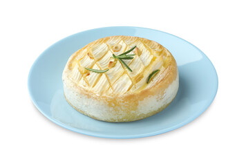 Tasty baked brie cheese with rosemary isolated on white