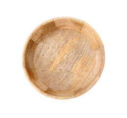 One wooden bowl isolated on white, top view. Cooking utensil