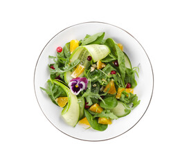 Delicious salad with cucumber and orange slices isolated on white, top view