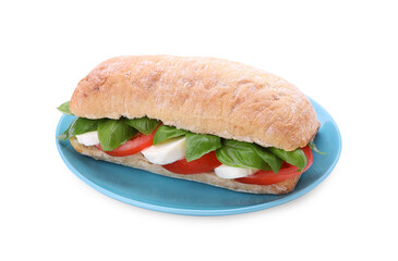 Delicious Caprese sandwich with mozzarella, tomatoes and basil isolated on white