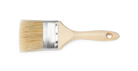 One wooden paint brush isolated on white, top view