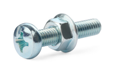 One metal screw with nut isolated on white