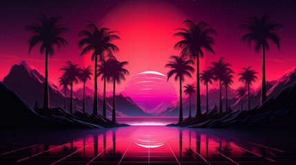 Fototapeta premium Silhouette abstract synthwave illustration landscape with tropical sunset with palms and 80s, 90s Retrofuturism, Retro wave cyber grid. bottom surfaces. Neon lights glowing. Starry background