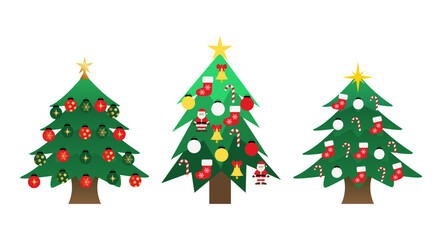 Decorated Christmas trees. Ball, star, bell, sock, Santa Claus, cane, snowflake.