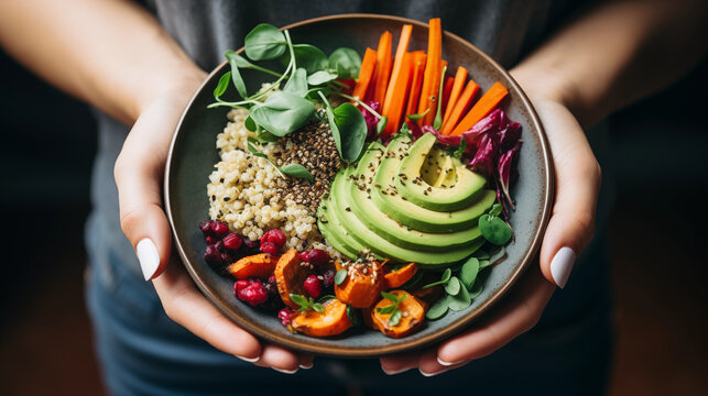 Hand Holding Healthy Fresh Mixed Vegetables Roasted Salad Vegan Food With Breakfast With Tomato, Seeds, Foods Concept.