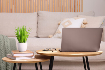 Potted artificial plant, laptop and books on wooden nesting tables indoors