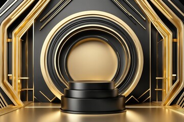 Obraz premium Gold Circle pedestal in eleglance luxuary for product presentation and white plaster wall.Ai generated