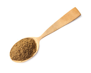 Spoon of aromatic caraway (Persian cumin) powder isolated on white, top view