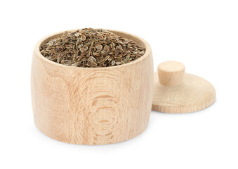 Wooden jar of dry dill seeds isolated on white