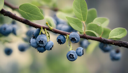 An exquisite close-up of blueberries dangling on a branch, like nature's tiny jewels