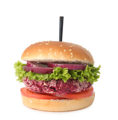 Tasty vegetarian burger with beet patty isolated on white