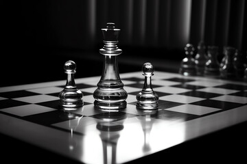 a chess board with glass chess pieces on top, in the style of smooth and shiny, monochromatic, ominous vibe, chrome reflections, strong lines, clear edge definition, monochrome canvases --ar 128:85