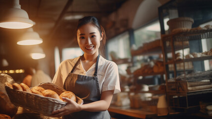 パン屋で働くアジア人女性 - obrazy, fototapety, plakaty