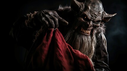 Christmas Krampus demon monster black background  - obrazy, fototapety, plakaty
