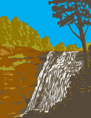 WPA poster art of Bridal Veil Falls in Cuyahoga Valley National Park between Cleveland and Akron, Ohio USA done in works project administration or federal art project style.
