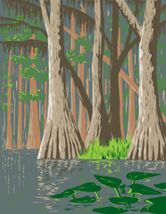 WPA poster art of Everglades National Park, the largest tropical wilderness located in Florida USA done in works project administration or federal art project style.
- 679911498
