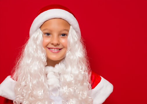 クリスマスのイメージの人物写真、サンタクロース衣装を着た笑顔の白人の少女　バストアップ　赤背景　コスプレ衣装
