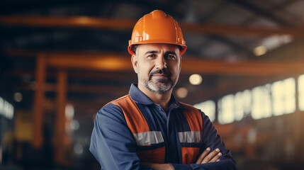 Portret pracownika specjalisty na hali produkcyjnej w pomarańczowym kasku - obrazy, fototapety, plakaty