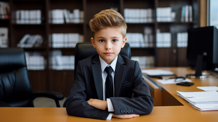 Mały chłopiec w garniturze na tle biura 
