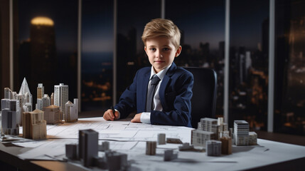 Mały chłopiec w garniturze pracuje w biurze 