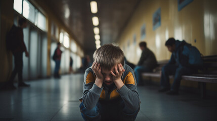 Dziecko kuca i chowa twarz w rękach na szkolnym korytarzu. Wystraszone, przygnębione.