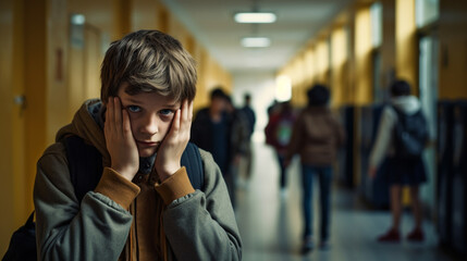 Dziecko chowa twarz w rękach na szkolnym korytarzu. Wystraszone, przygnębione. - obrazy, fototapety, plakaty