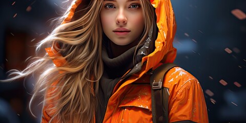 illustration of winter girl in orange jacket, generative AI