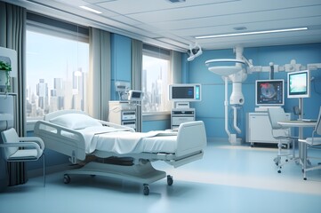 Single patient ward in modern private clinic. Hospital room with city view. Generative AI - obrazy, fototapety, plakaty