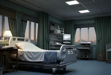 Single patient ward in modern private clinic. Hospital room at evening.  Generative AI - obrazy, fototapety, plakaty