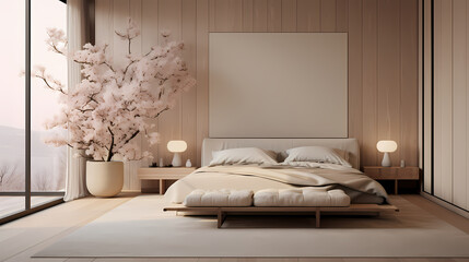 3D rendering modern style bedroom background, bedroom decoration design, white canvas on the wall