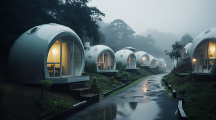 Futuristic town with flying houses inspired by UFO design, on a misty rainy day. Spherical residential buildings with innovative design. Mobile homes of the future.