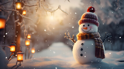 Cute little snowman in a knitted hat and scarf in the winter forest at sunset against the backdrop of lantern. Christmas and New Year concept for holiday greeting card, poster, banner. - obrazy, fototapety, plakaty