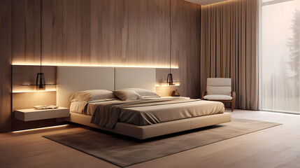 3D rendering modern style bedroom background, bedroom decoration design, white canvas on the wall