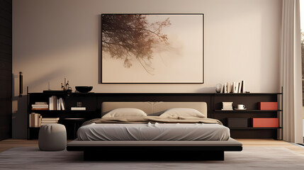 3D rendering modern style bedroom background, bedroom decoration design, white canvas on the wall
