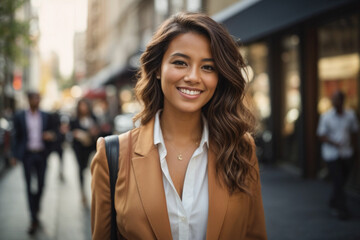 Young beautiful business woman walks on city street during sunset time