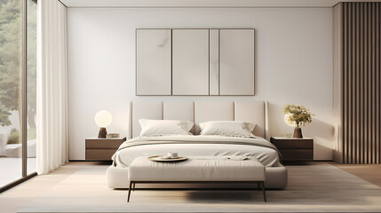 Fototapeta na wymiar 3D rendering modern style bedroom background, bedroom decoration design, white canvas on the wall