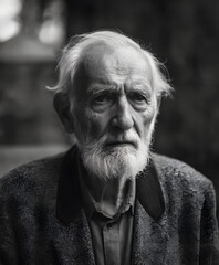 Close-up Portrait of a Senior Man with a Contemplative Gaze, Expressive Eyes, and a Full Beard, Showcasing the Textured Details of Aging on His Face