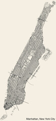 Detailed hand-drawn navigational urban street roads map of the MANHATTAN BOROUGH of the American city of NEW YORK CITY, UNITED STATES with vivid road lines and name tag on solid background